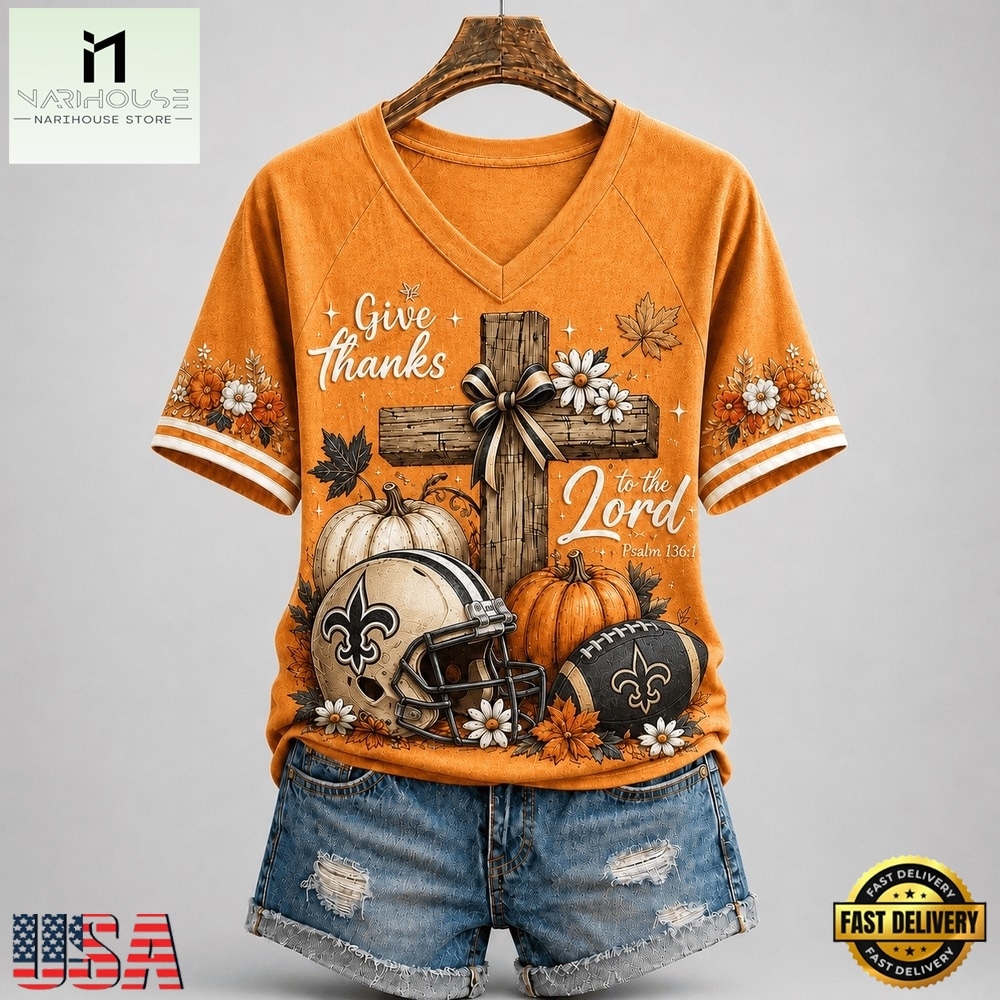 New Orleans Saints NFL Thanksgiving Faith And Football V Neck T Shirt, Trendy NFL V Neck Tee New Orleans Saints NFL Thanksgiving Faith And Football V Neck T Shirt, Trendy NFL V Neck Tee