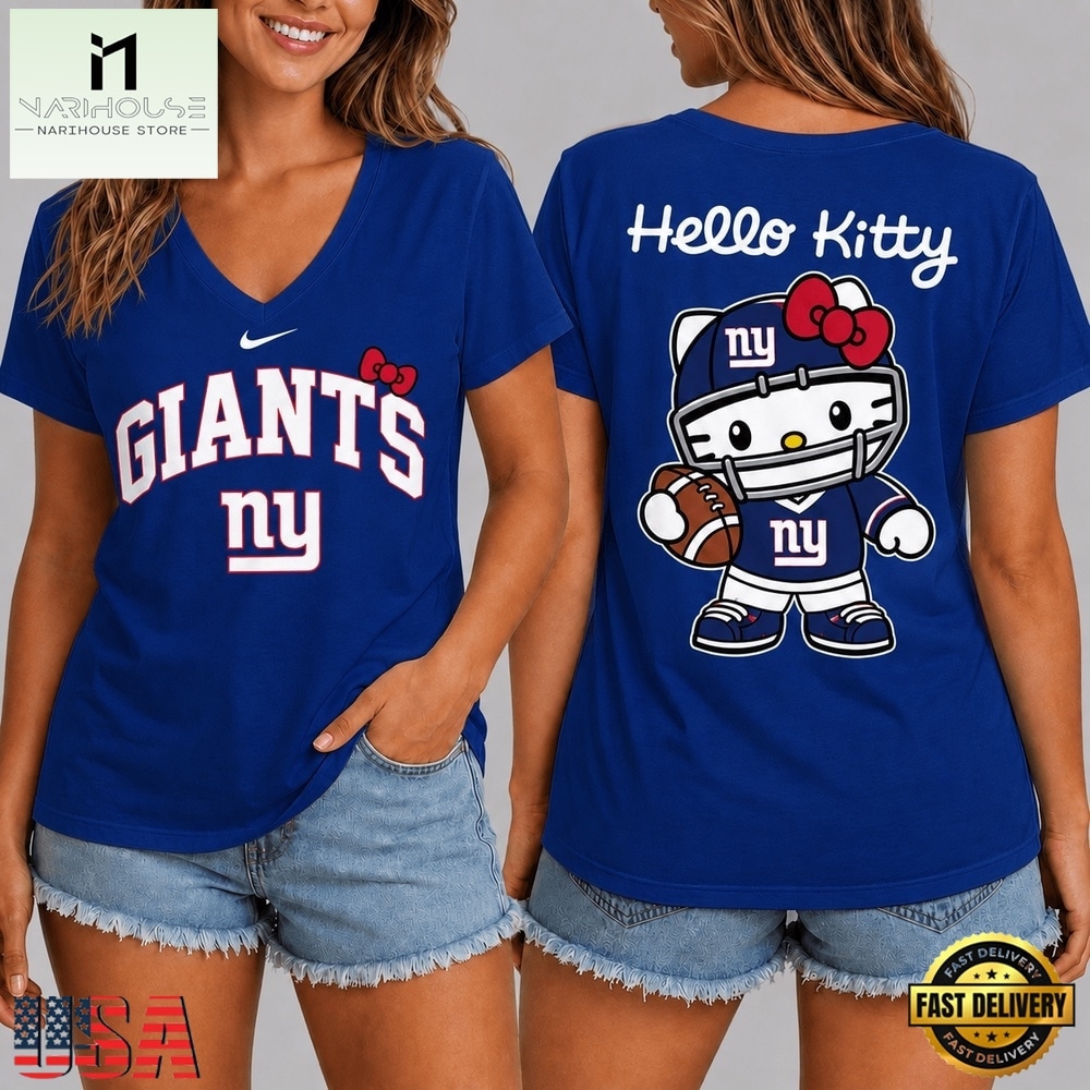 New York Giants NFL Hello Kitty Football V Neck T Shirt, Trendy NFL V Neck Tee New York Giants NFL Hello Kitty Football V Neck T Shirt, Trendy NFL V Neck Tee