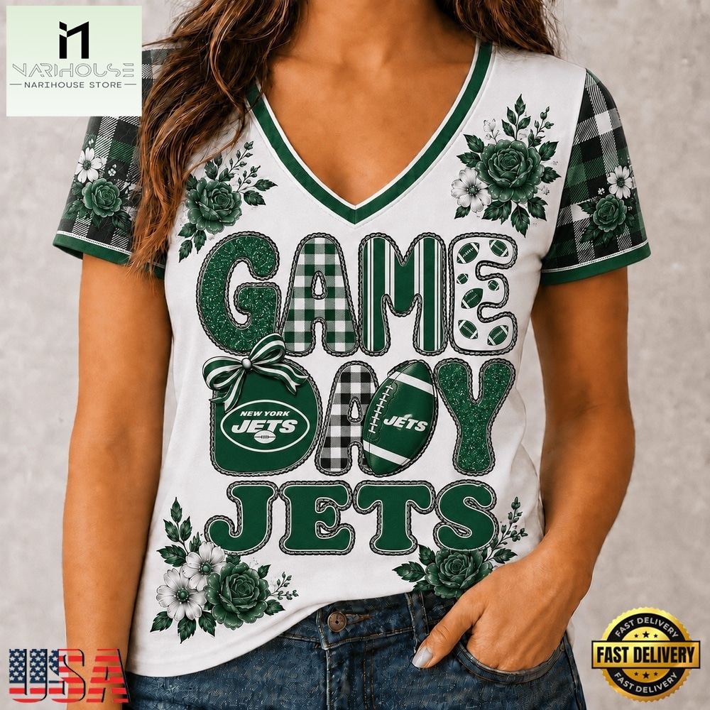New York Jets NFL Football Flowers Team Pride V Neck T Shirt, Trendy NFL V Neck Tee New York Jets NFL Football Flowers Team Pride V Neck T Shirt, Trendy NFL V Neck Tee