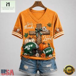 New York Jets NFL Thanksgiving Faith And Football V Neck T Shirt, Trendy NFL V Neck Tee New York Jets Nfl Thanksgiving Faith And Football V Neck T Shirt