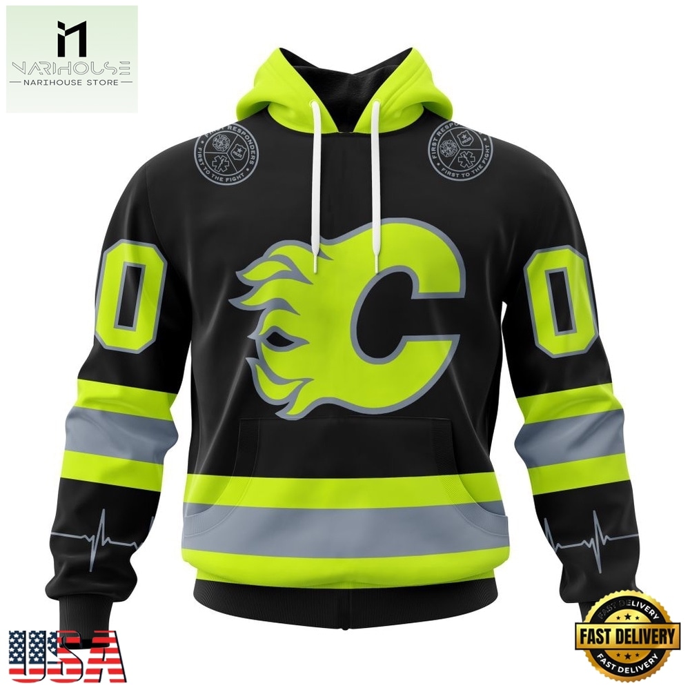 NHL Calgary Flames Specialized With FireFighter Uniforms Color Hoodie, T Shirt, NHL 3D Game Day Tee Nhl Calgary Flames Specialized With Firefighter Uniforms Color Hoodie T Shirt 1