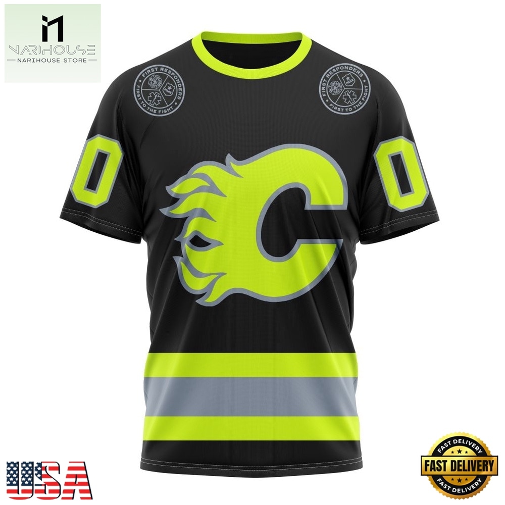 NHL Calgary Flames Specialized With FireFighter Uniforms Color Hoodie, T Shirt, NHL 3D Game Day Tee NHL Calgary Flames Specialized With FireFighter Uniforms Color Hoodie, T Shirt, NHL 3D Game Day Tee