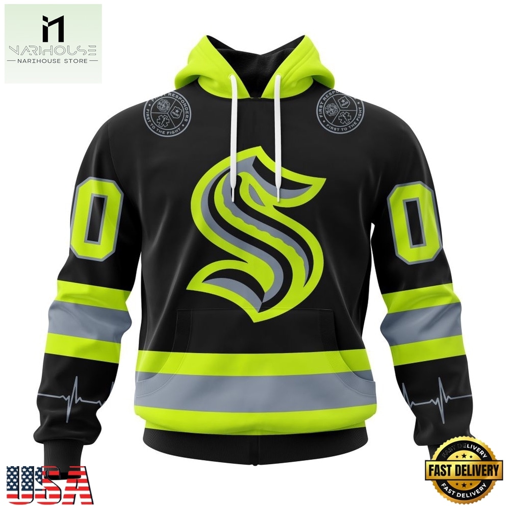 NHL Seattle Kraken Specialized With FireFighter Uniforms Color Hoodie, T Shirt, NHL 3D Game Day Tee Nhl Seattle Kraken Specialized With Firefighter Uniforms Color Hoodie T Shirt 1