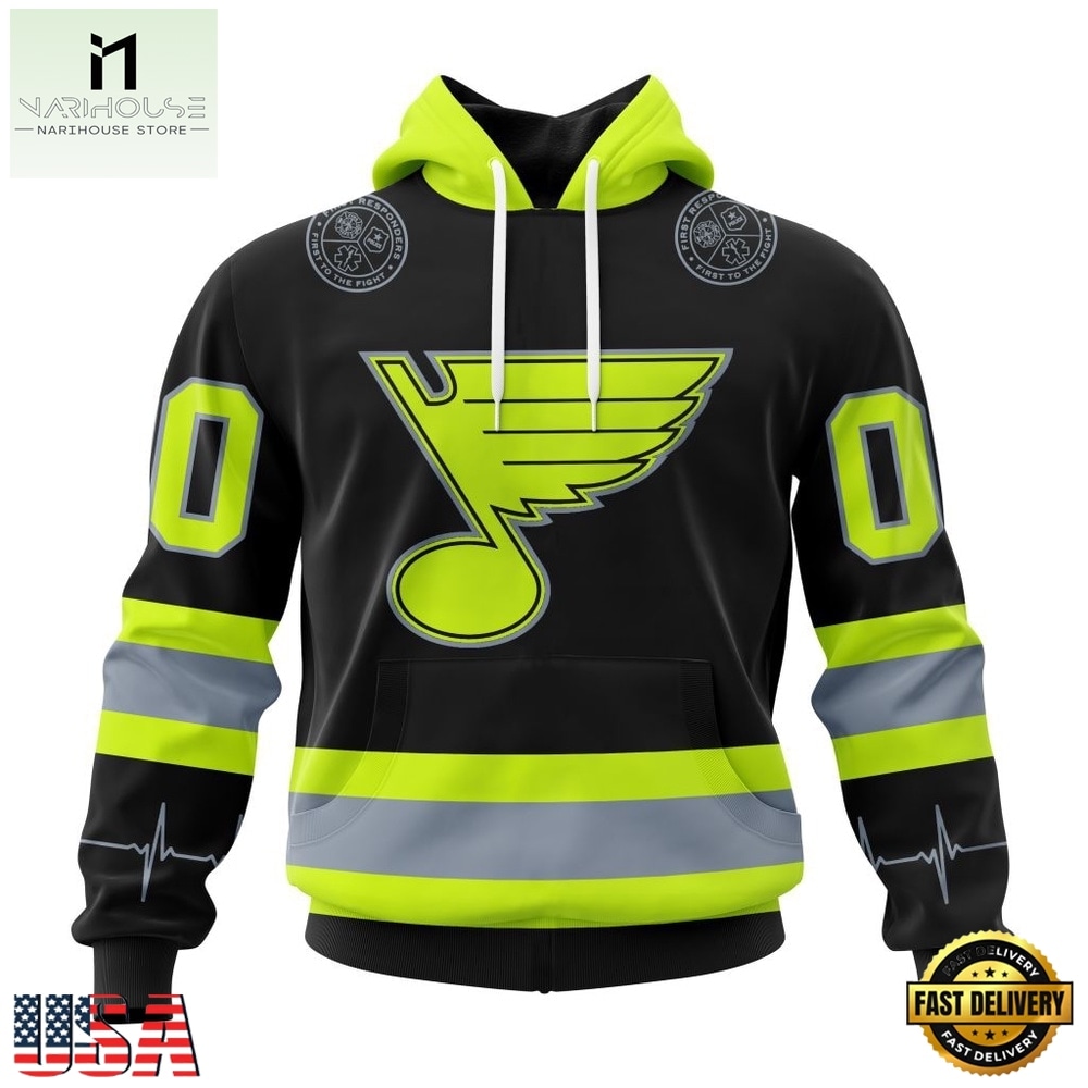 NHL St. Louis Blues Specialized With FireFighter Uniforms Color Hoodie, T Shirt, NHL 3D Game Day Tee Nhl ST Louis Blues Specialized With Firefighter Uniforms Color Hoodie T Shirt 1