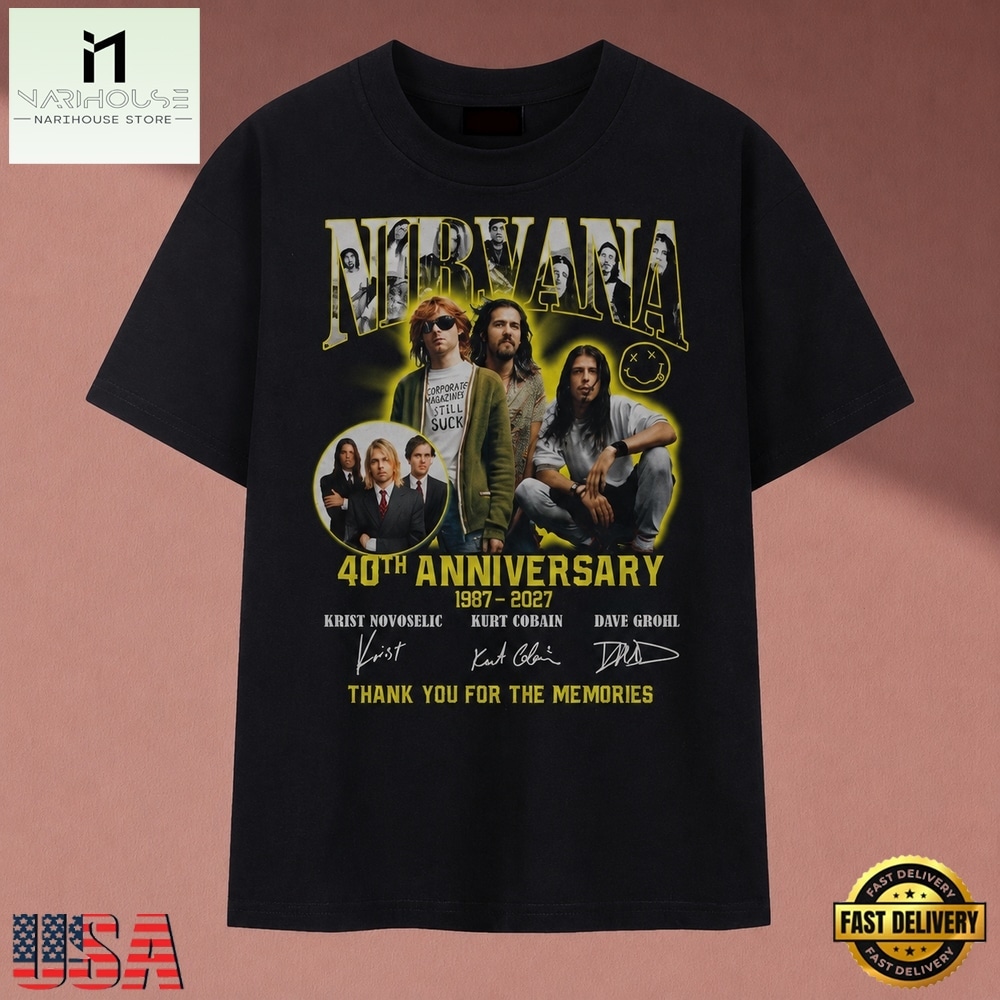 Nirvana 40th Anniversary 1987 2027 Signatures Vintage Graphic T Shirt, Music Fan 2D Shirt Nirvana 40th Anniversary 1987 2027 Signatures Vintage Graphic T Shirt, Music Fan 2D Shirt