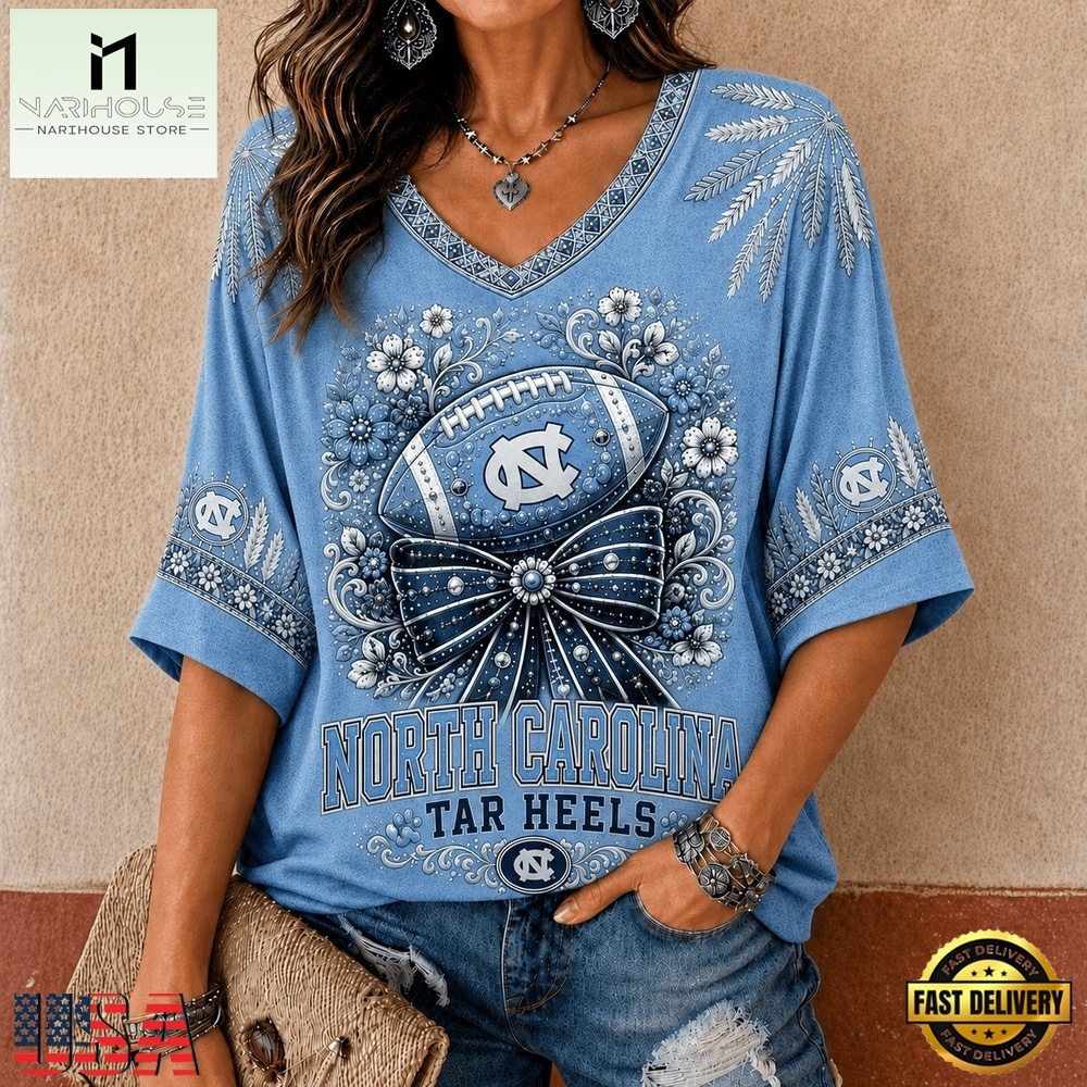 North Carolina Tar Heels NCAA Vintage Floral Bow V Neck T Shirt, NCAA College V Neck Tee North Carolina Tar Heels NCAA Vintage Floral Bow V Neck T Shirt, NCAA College V Neck Tee