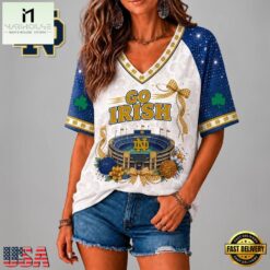 Notre Dame Fighting Irish NCAA Floral Stadium Bow V Neck 3D T Shirt, NCAA College V Neck Tee Notre Dame Fighting Irish Ncaa Floral Stadium Bow V Neck 3D T Shirt