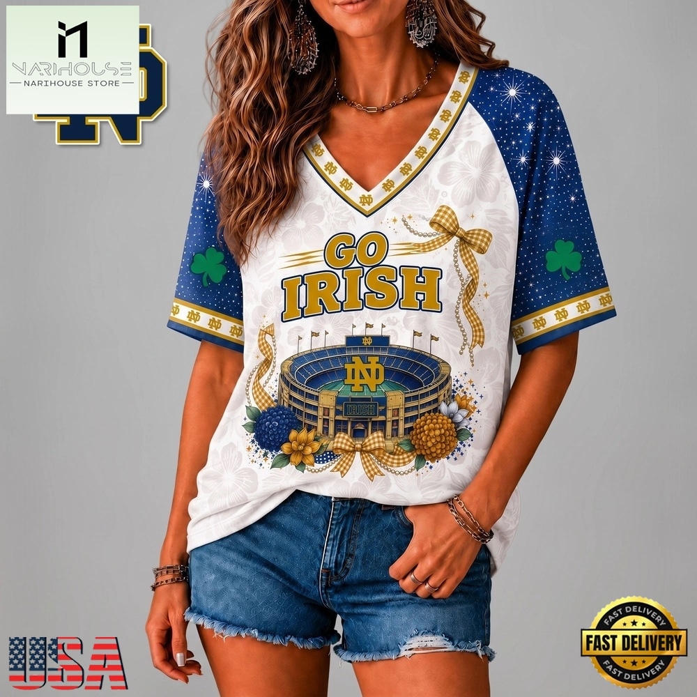 Notre Dame Fighting Irish NCAA Floral Stadium Bow V Neck 3D T Shirt, NCAA College V Neck Tee Notre Dame Fighting Irish NCAA Floral Stadium Bow V Neck 3D T Shirt, NCAA College V Neck Tee