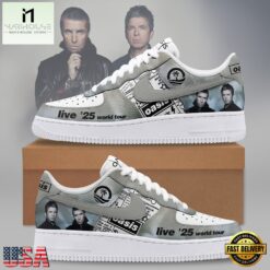 Oasis Live '25 World Tour Grey Britpop Rock Band Graphic Air Force 1 Shoes Sneakers, Music Artist AF1 Shoes Oasis Live 25 World Tour Grey Britpop Rock Band Graphic Air Force 1 Shoes Sneakers