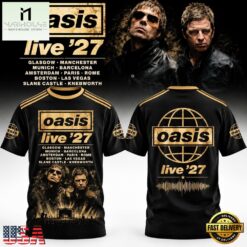 Oasis Live 27 The Band With The 3 Stripes Graphic Black T Shirt, Popular 3D Music Tee Oasis Live 27 The Band With The 3 Stripes Graphic Black T Shirt