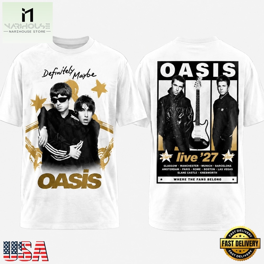 Oasis Live 27 The Band With The 3 Stripes Graphic White T Shirt, Popular 3D Music Tee Oasis Live 27 The Band With The 3 Stripes Graphic White T Shirt, Popular 3D Music Tee