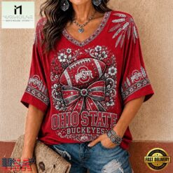 Ohio State Buckeyes NCAA Vintage Floral Bow V Neck T Shirt, NCAA College V Neck Tee Ohio State Buckeyes Ncaa Vintage Floral Bow V Neck T Shirt