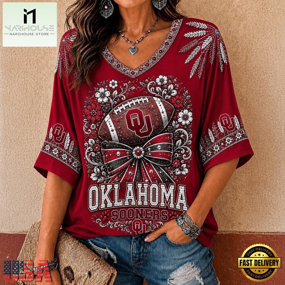 Oklahoma Sooners NCAA Vintage Floral Bow V Neck T Shirt, NCAA College V Neck Tee Oklahoma Sooners NCAA Vintage Floral Bow V Neck T Shirt, NCAA College V Neck Tee