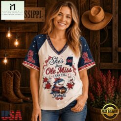 Ole Miss Rebels NCAA Bow and Floral Team Spirit V Neck T Shirt, NCAA College V Neck Tee Ole Miss Rebels Ncaa Bow And Floral Team Spirit V Neck T Shirt