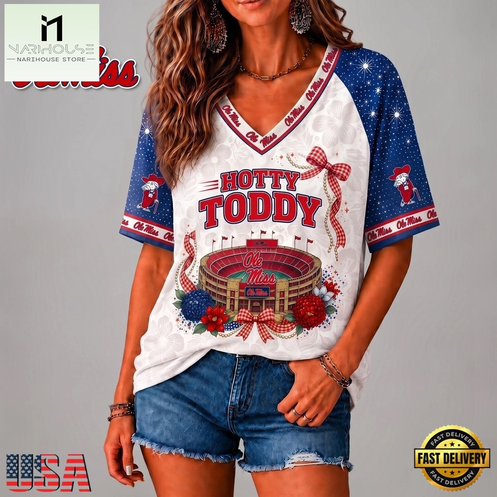Ole Miss Rebels NCAA Floral Stadium Bow V Neck 3D T Shirt, NCAA College V Neck Tee Ole Miss Rebels NCAA Floral Stadium Bow V Neck 3D T Shirt, NCAA College V Neck Tee