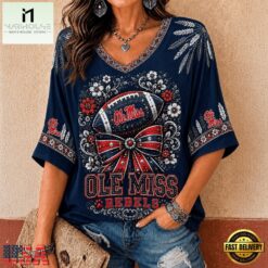 Ole Miss Rebels NCAA Vintage Floral Bow V Neck T Shirt, NCAA College V Neck Tee Ole Miss Rebels Ncaa Vintage Floral Bow V Neck T Shirt