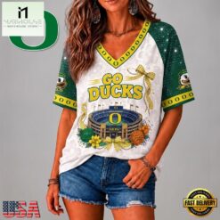 Oregon Ducks NCAA Floral Stadium Bow V Neck 3D T Shirt, NCAA College V Neck Tee Oregon Ducks Ncaa Floral Stadium Bow V Neck 3D T Shirt