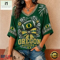 Oregon Ducks NCAA Vintage Floral Bow V Neck T Shirt, NCAA College V Neck Tee Oregon Ducks Ncaa Vintage Floral Bow V Neck T Shirt