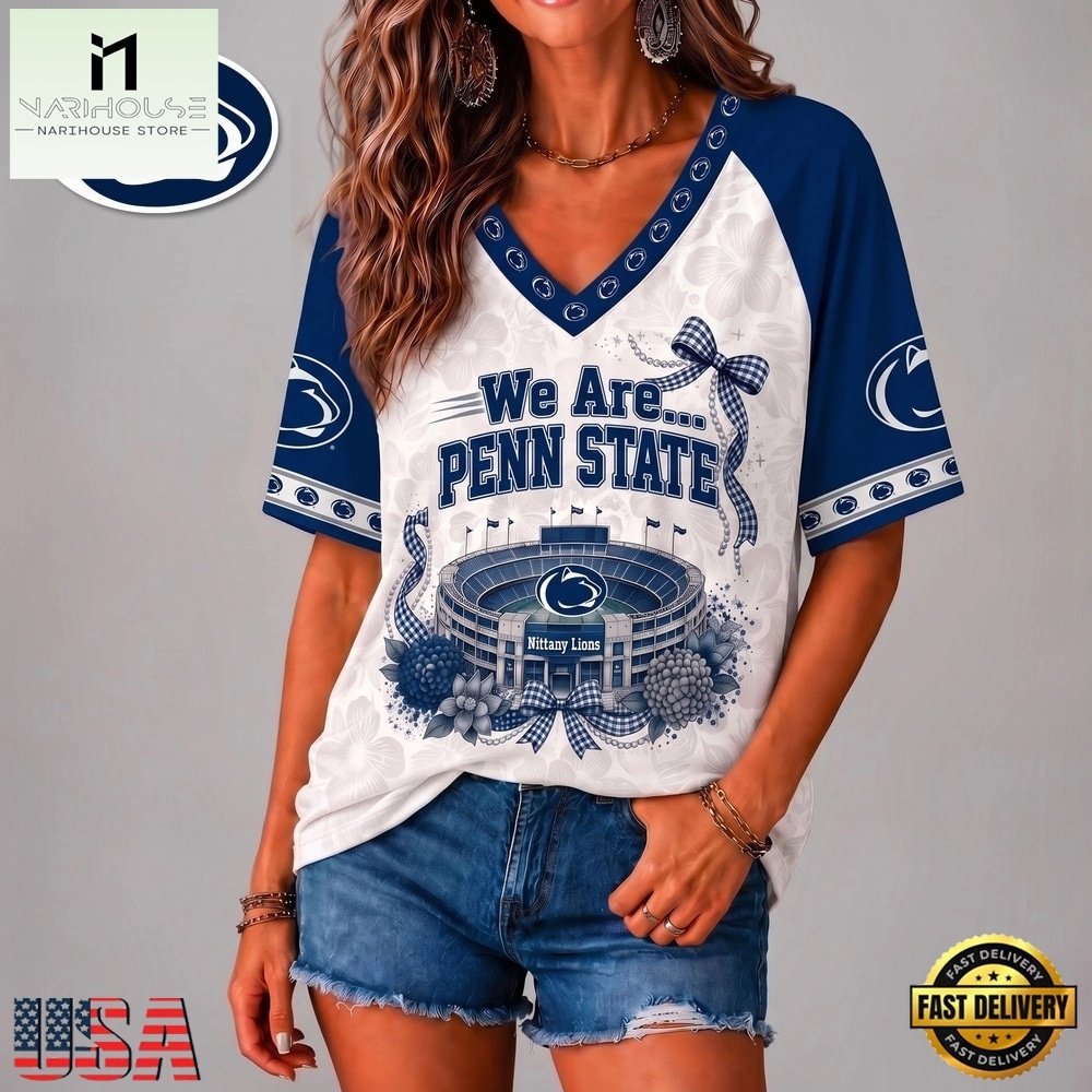 Penn State Nittany Lions NCAA Floral Stadium Bow V Neck 3D T Shirt, NCAA College V Neck Tee Penn State Nittany Lions NCAA Floral Stadium Bow V Neck 3D T Shirt, NCAA College V Neck Tee