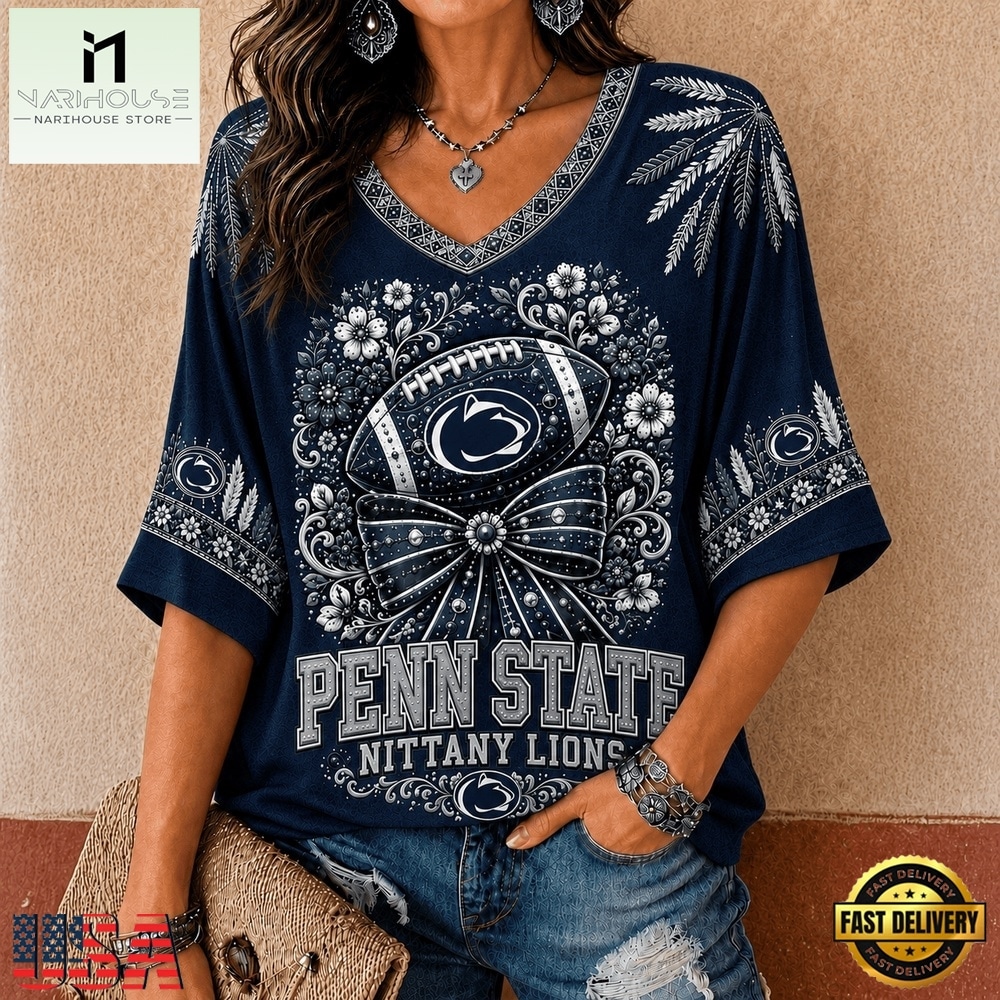 Penn State Nittany Lions NCAA Vintage Floral Bow V Neck T Shirt, NCAA College V Neck Tee Penn State Nittany Lions NCAA Vintage Floral Bow V Neck T Shirt, NCAA College V Neck Tee