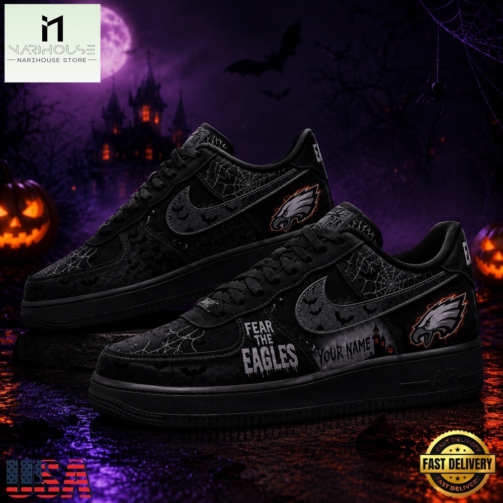 Philadelphia Eagles NFL Fear The Team Halloween Air Force 1 Shoes Sneakers, NFL Team AF1 Shoes Philadelphia Eagles NFL Fear The Team Halloween Air Force 1 Shoes Sneakers, NFL Team AF1 Shoes