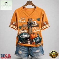 Philadelphia Eagles NFL Thanksgiving Faith And Football V Neck T Shirt, Trendy NFL V Neck Tee Philadelphia Eagles Nfl Thanksgiving Faith And Football V Neck T Shirt