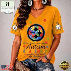 Pittsburgh Steelers NFL Different, Not Less Autism Awareness V neck T Shirt, Trendy NFL V Neck Tee Pittsburgh Steelers Nfl Different Not Less Autism Awareness V Neck T Shirt