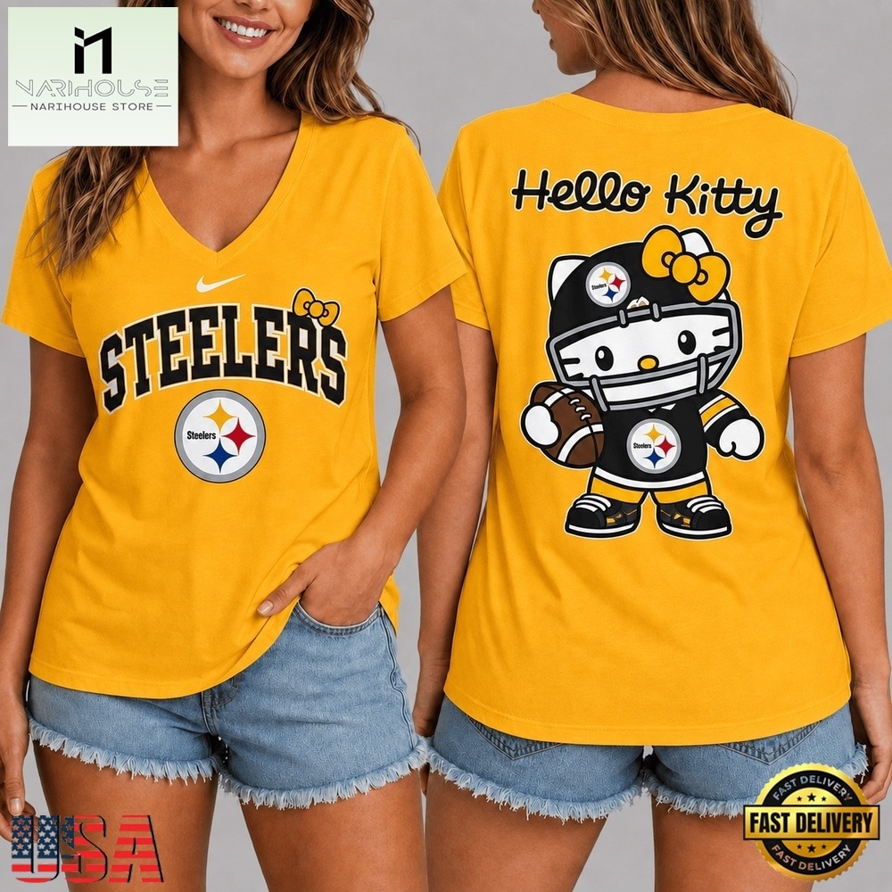 Pittsburgh Steelers NFL Hello Kitty Football V Neck T Shirt, Trendy NFL V Neck Tee Pittsburgh Steelers NFL Hello Kitty Football V Neck T Shirt, Trendy NFL V Neck Tee