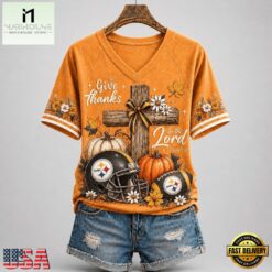 Pittsburgh Steelers NFL Thanksgiving Faith And Football V Neck T Shirt, Trendy NFL V Neck Tee Pittsburgh Steelers Nfl Thanksgiving Faith And Football V Neck T Shirt