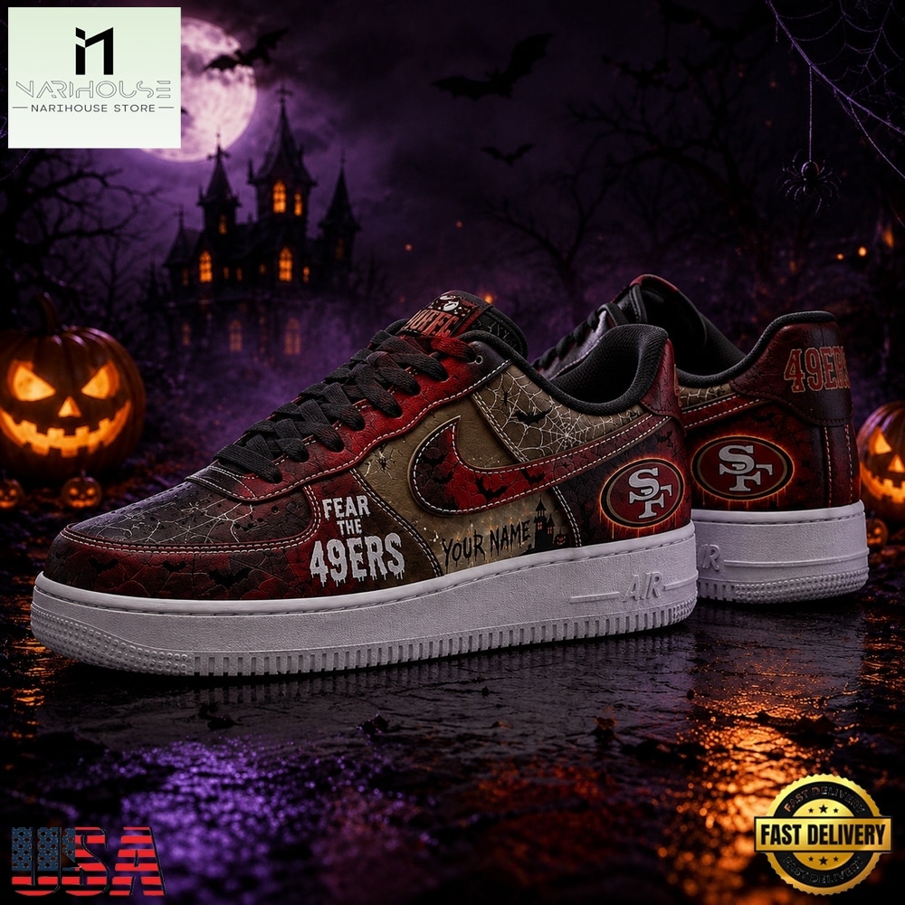 San Francisco 49ers NFL Fear The Team Halloween Air Force 1 Shoes Sneakers, NFL Team AF1 Shoes San Francisco 49ers NFL Fear The Team Halloween Air Force 1 Shoes Sneakers, NFL Team AF1 Shoes