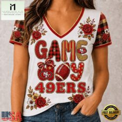 San Francisco 49ers NFL Football Flowers Team Pride V Neck T Shirt, Trendy NFL V Neck Tee San Francisco 49ers Nfl Football Flowers Team Pride V Neck T Shirt