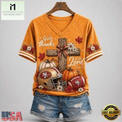 San Francisco 49ers NFL Thanksgiving Faith And Football V Neck T Shirt, Trendy NFL V Neck Tee San Francisco 49ers Nfl Thanksgiving Faith And Football V Neck T Shirt