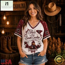 South Carolina Gamecocks NCAA Bow and Floral Team Spirit V Neck T Shirt, NCAA College V Neck Tee South Carolina Gamecocks Ncaa Bow And Floral Team Spirit V Neck T Shirt