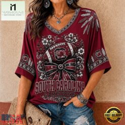 South Carolina Gamecocks NCAA Vintage Floral Bow V Neck T Shirt, NCAA College V Neck Tee South Carolina Gamecocks Ncaa Vintage Floral Bow V Neck T Shirt