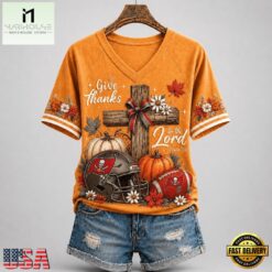 Tampa Bay Buccaneers NFL Thanksgiving Faith And Football V Neck T Shirt, Trendy NFL V Neck Tee Tampa Bay Buccaneers Nfl Thanksgiving Faith And Football V Neck T Shirt