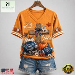 Tennessee Titans NFL Thanksgiving Faith And Football V Neck T Shirt, Trendy NFL V Neck Tee Tennessee Titans Nfl Thanksgiving Faith And Football V Neck T Shirt