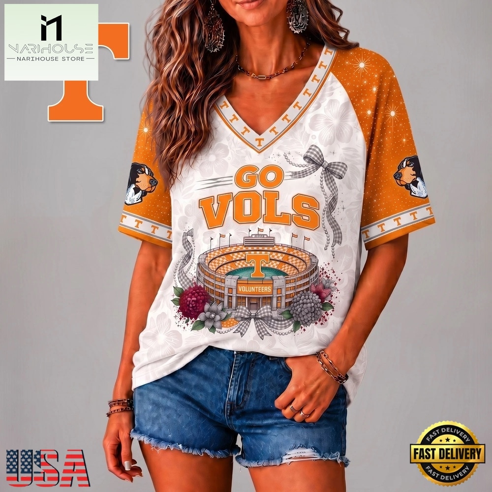 Tennessee Volunteers NCAA Floral Stadium Bow V Neck 3D T Shirt, NCAA College V Neck Tee Tennessee Volunteers NCAA Floral Stadium Bow V Neck 3D T Shirt, NCAA College V Neck Tee