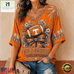 Tennessee Volunteers NCAA Vintage Floral Bow V Neck T Shirt, NCAA College V Neck Tee Tennessee Volunteers Ncaa Vintage Floral Bow V Neck T Shirt