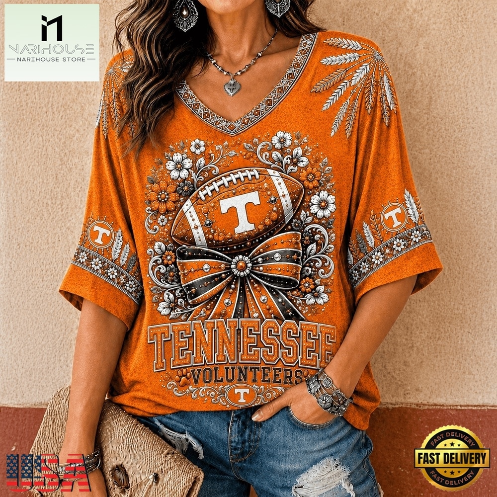 Tennessee Volunteers NCAA Vintage Floral Bow V Neck T Shirt, NCAA College V Neck Tee Tennessee Volunteers NCAA Vintage Floral Bow V Neck T Shirt, NCAA College V Neck Tee