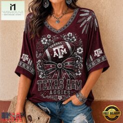 Texas A&M Aggies NCAA Vintage Floral Bow V Neck T Shirt, NCAA College V Neck Tee Texas A M Aggies Ncaa Vintage Floral Bow V Neck T Shirt