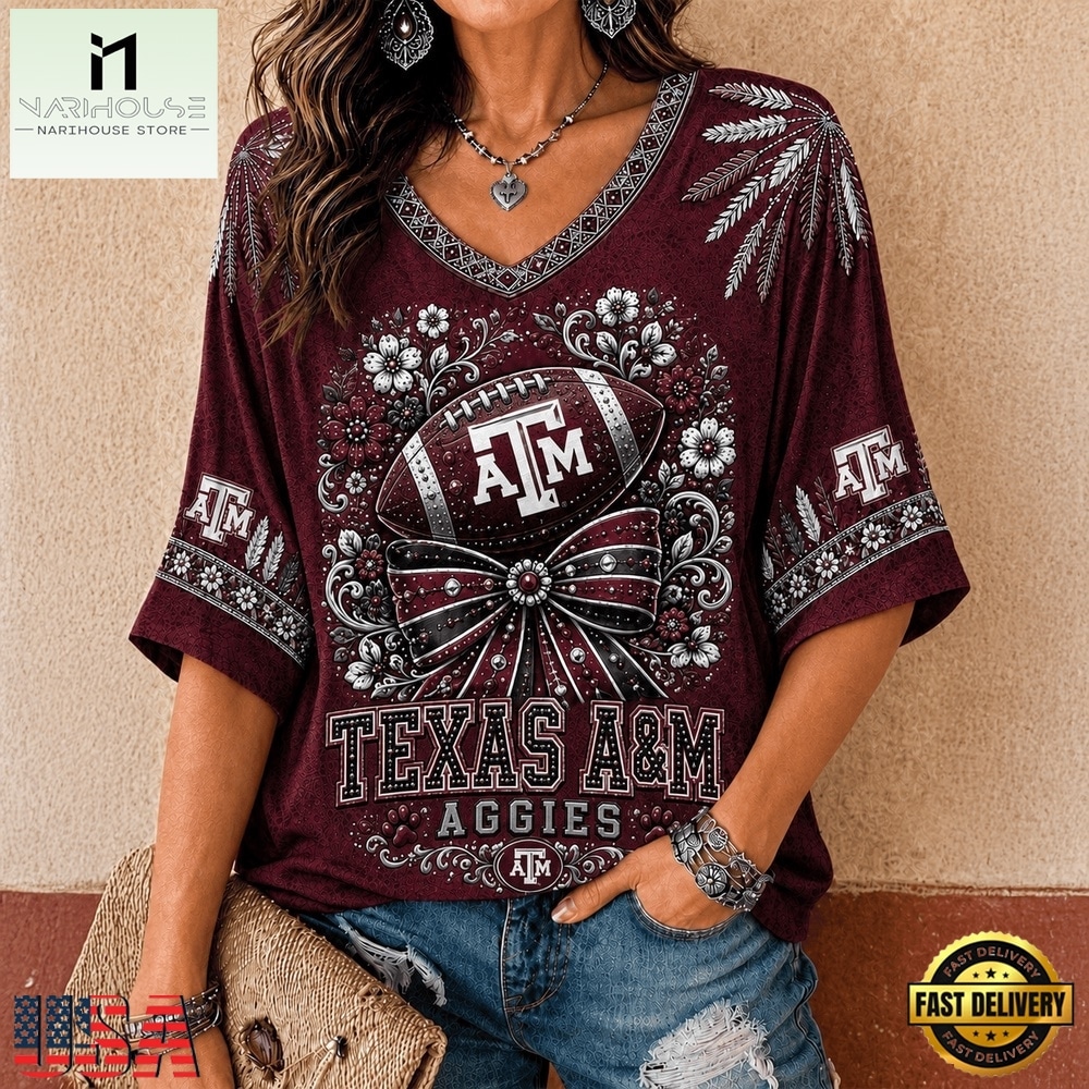 Texas A&M Aggies NCAA Vintage Floral Bow V Neck T Shirt, NCAA College V Neck Tee Texas A&M Aggies NCAA Vintage Floral Bow V Neck T Shirt, NCAA College V Neck Tee