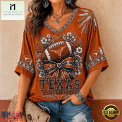 Texas Longhorns NCAA Vintage Floral Bow V Neck T Shirt, NCAA College V Neck Tee Texas Longhorns Ncaa Vintage Floral Bow V Neck T Shirt
