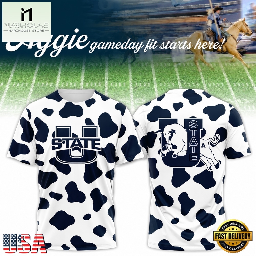 Utah State Aggies Football Cow Print Gameday 2026 Graphic T Shirt, Hot 3D Shirt Trend Utah State Aggies Football Cow Print Gameday 2026 Graphic T Shirt, Hot 3D Shirt Trend