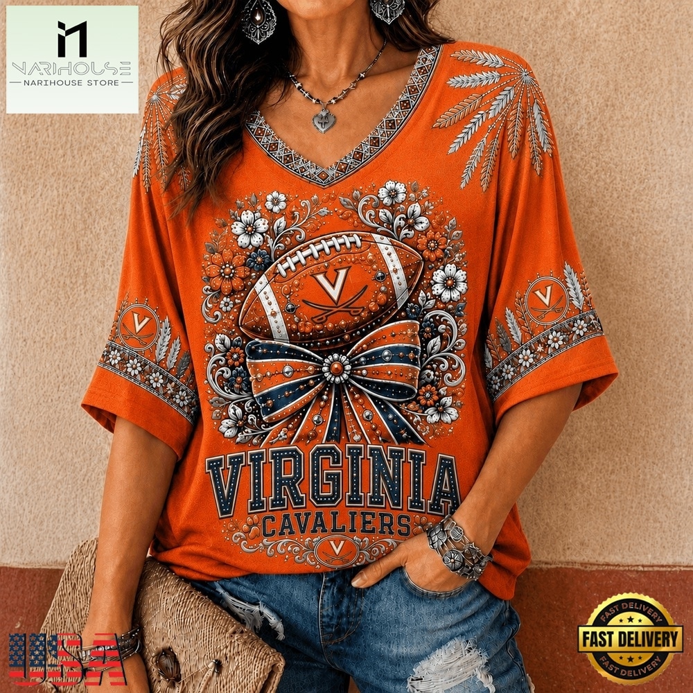 Virginia Cavaliers NCAA Vintage Floral Bow V Neck T Shirt, NCAA College V Neck Tee Virginia Cavaliers Ncaa Vintage Floral Bow V Neck T Shirt