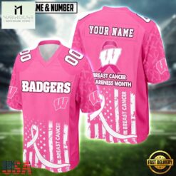 Wisconsin Badgers NCAA Breast Cancer Awareness Month 2026 Football Jersey, Trending Football Shirt Wisconsin Badgers Ncaa Breast Cancer Awareness Month 2026 Football Jersey