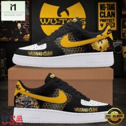 Wu Tang Clan Hip Hop Custom Air Force 1 Shoes, Black & Yellow Honeycomb Graphic Sneakers, Music Artist AF1 Shoes WU Tang Clan Hip Hop Custom Air Force 1 Shoes Black Yellow Honeycomb Graphic Sneakers