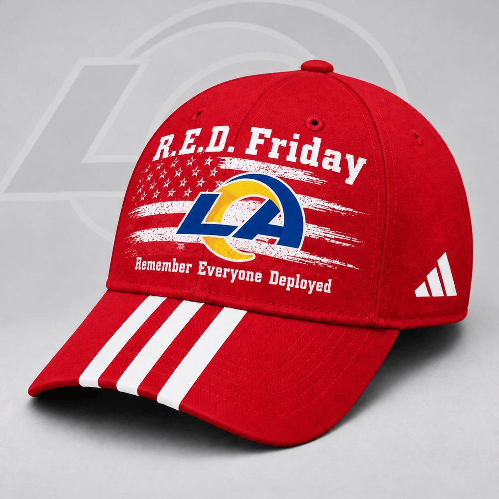 Los Angeles Rams NFL RED Friday Patriotic American Flag Remember Everyone Deployed Three Stripe Baseball Cap, NFL Trendy Cap Los Angeles Rams NFL RED Friday Patriotic American Flag Remember Everyone Deployed Three Stripe Baseball Cap, NFL Trendy Cap