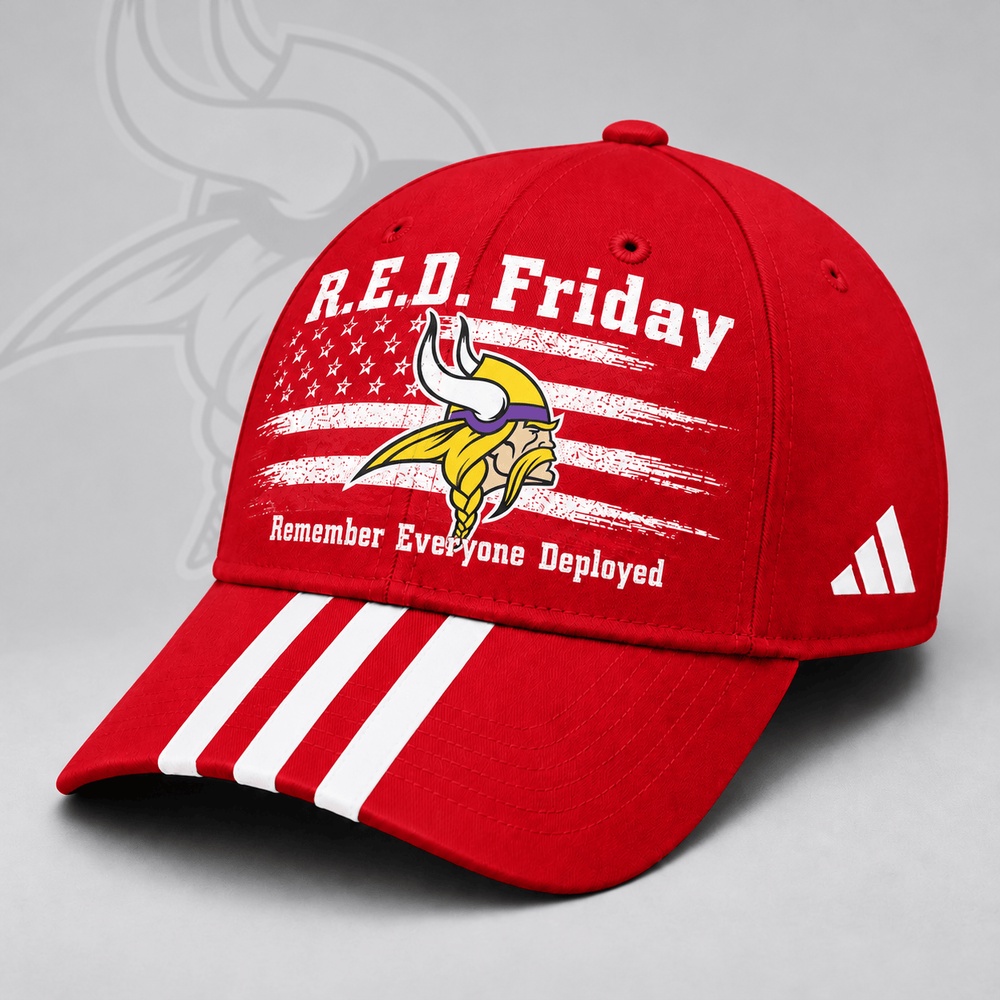Minnesota Vikings NFL RED Friday Patriotic American Flag Remember Everyone Deployed Three Stripe Baseball Cap, NFL Trendy Cap Minnesota Vikings NFL RED Friday Patriotic American Flag Remember Everyone Deployed Three Stripe Baseball Cap, NFL Trendy Cap