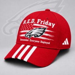 Philadelphia Eagles NFL RED Friday Patriotic American Flag Remember Everyone Deployed Three Stripe Baseball Cap, NFL Trendy Cap Philadelphia Eagles Nfl Red Friday Patriotic American Flag Remember Everyone Deployed Three Stripe Baseball Cap