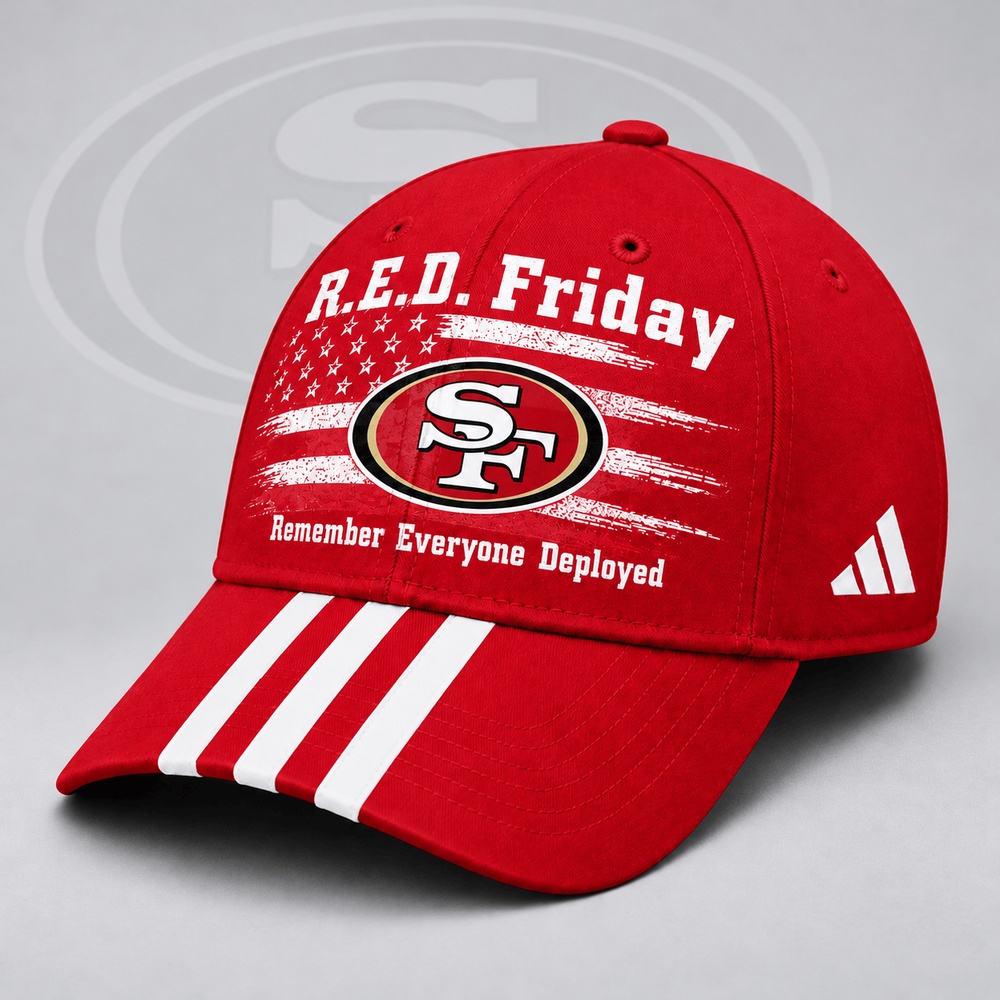 San Francisco 49ers NFL RED Friday Patriotic American Flag Remember Everyone Deployed Three Stripe Baseball Cap, NFL Trendy Cap San Francisco 49ers NFL RED Friday Patriotic American Flag Remember Everyone Deployed Three Stripe Baseball Cap, NFL Trendy Cap